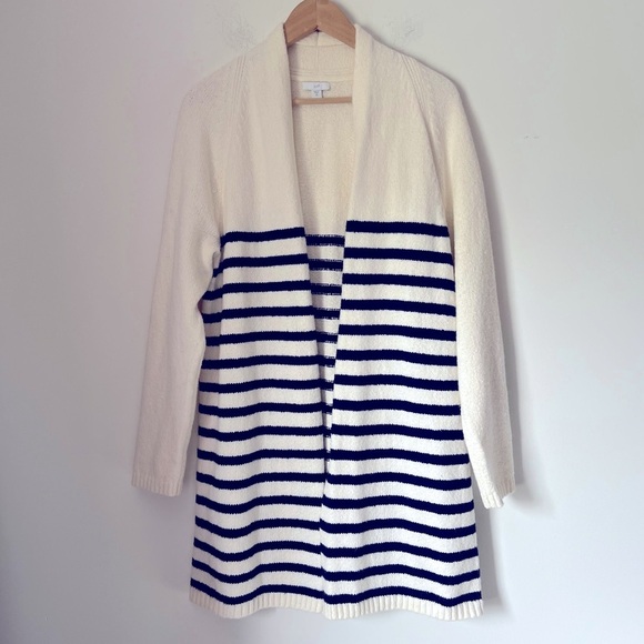 J. Jill Striped Longline Open Sweater Cardigan Knit Coastal Grandma Cream/Navy - Picture 1 of 15